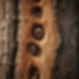 Close-up view of wood borer holes in timber