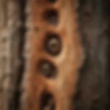 Close-up view of wood borer holes in timber