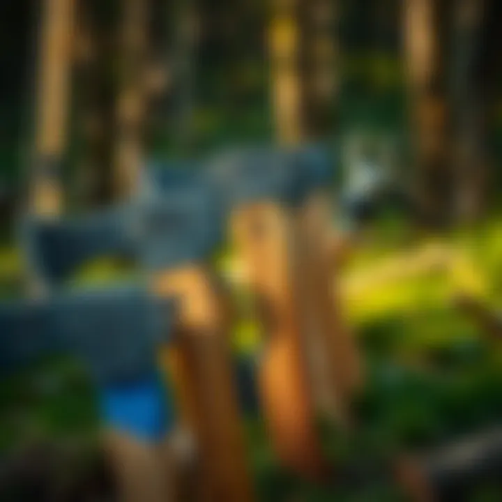 Axe Heads and Modern Forestry Tools An illustration of axe heads alongside modern forestry tools