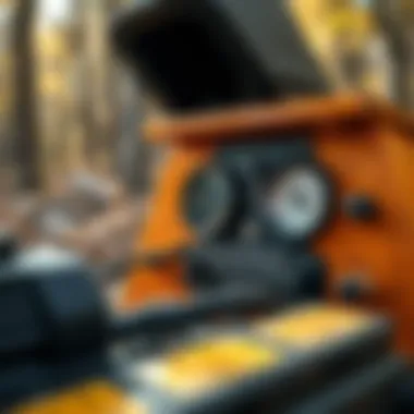 Exploring Wood Chipper Features Close-up of a used wood chipper's controls and gauges, showcasing its features
