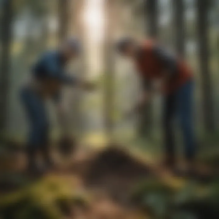 Volunteers engaging in tree planting activities in a forested area