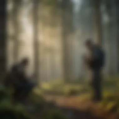 Researchers engaging in fieldwork within a forest setting