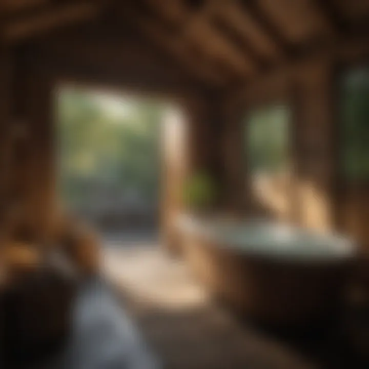 Interior view of a woodshed spa with wooden accents and calming decor, emphasizing relaxation