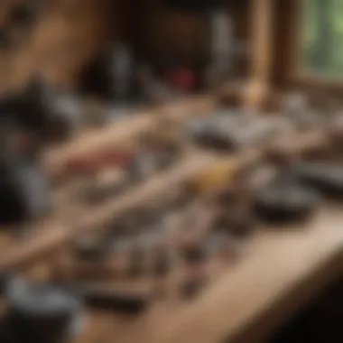 An assortment of tools and equipment arranged on a wooden workbench, essential for woodworking enthusiasts.